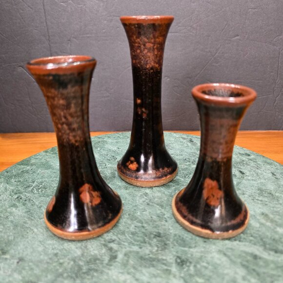 Set of 3 Rustic Stoneware Candle Holders Brown Glazed Ceramic Boho Eclectic - Picture 1 of 8